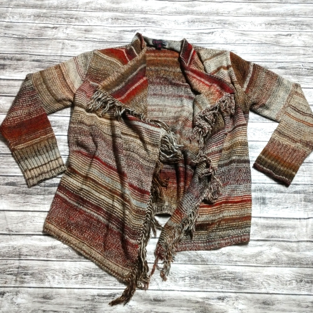 Women's medium JW Style open front knit cardigan fringe hem western yellowtone